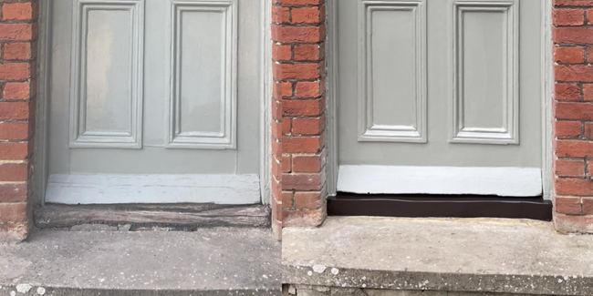Doorstep repair Front door doorstep repair before and after, showing restored threshold and improved finish beneath exterior door.
