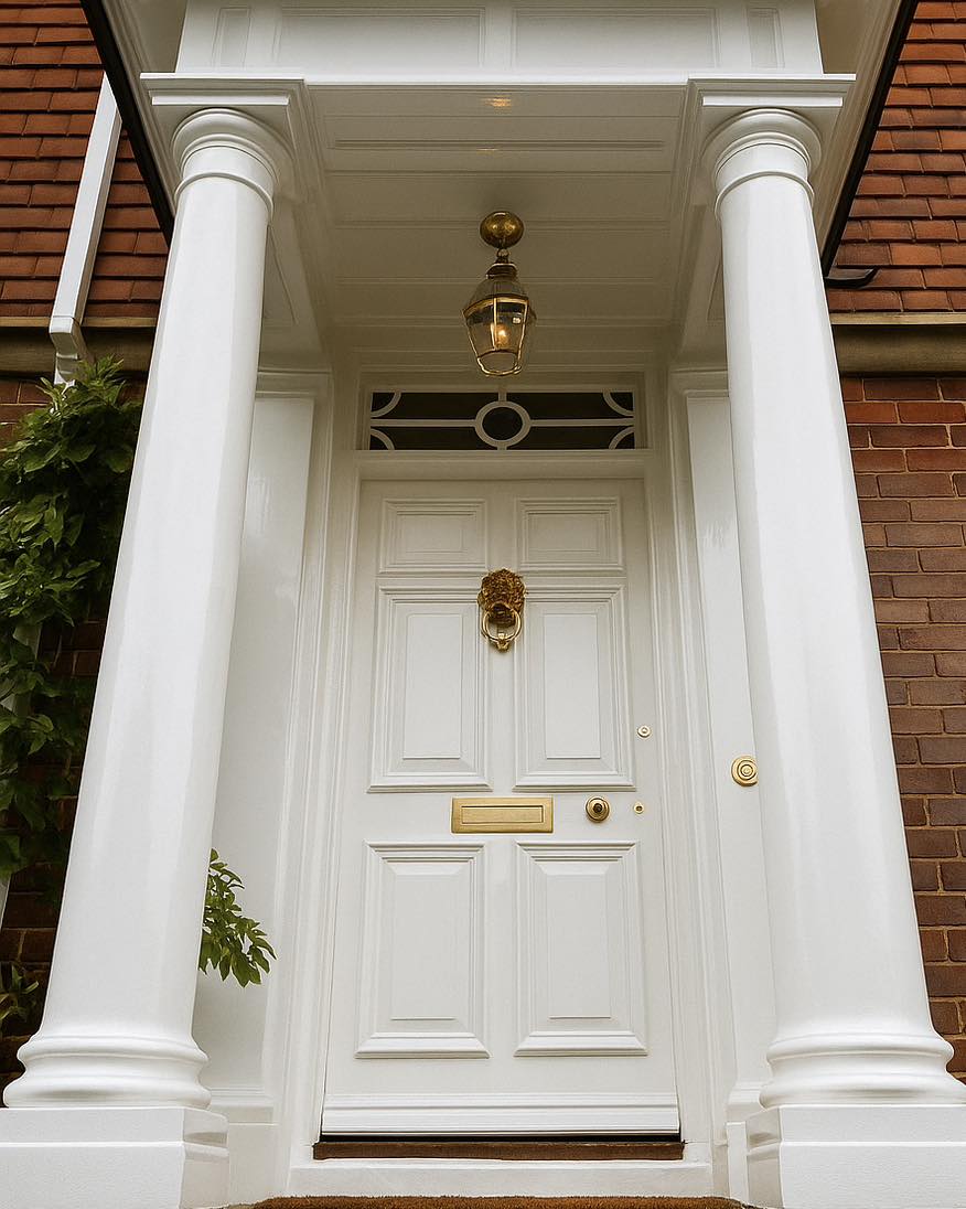 Front Door Finishes White, high-gloss painted front door with decorative panels, gold fixtures, and a traditional portico supported by two white columns.