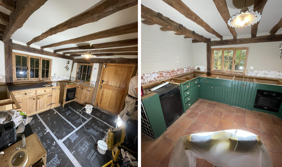 Kitchen cupboard repaint Kitchen cupboard painting before and after, showing refurbishment from bare wood units to professionally painted green cabinets.